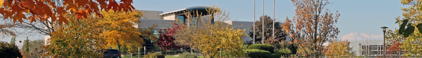 An exterior of a large building in the fall