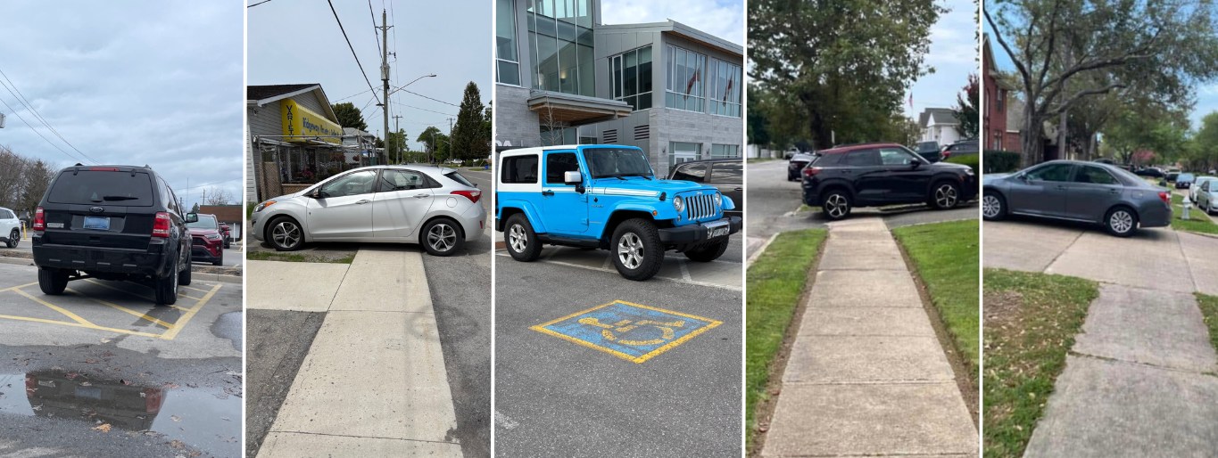 Multiple cars parked over sidewalks and accessway spots