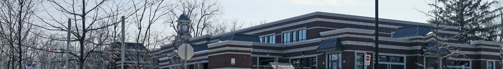 The exterior of a school in the winter