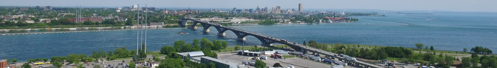 An aerial shot of the a Peace Bridge crossing the Niagara River 