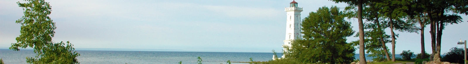 A shoreline of a large lake with a tall white building