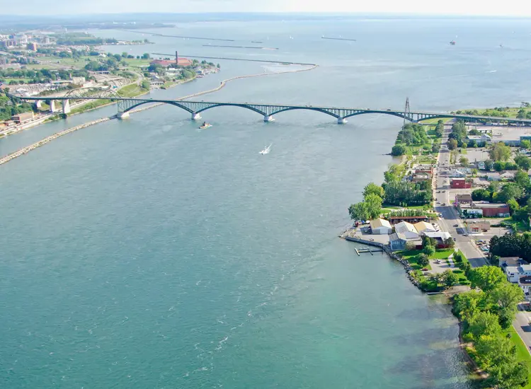 An arial shot of the Peace Bridge and Niagara River